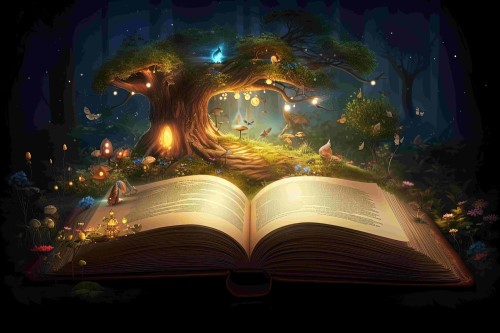 Image of an open book that reveals a lush forest in a fantasy world